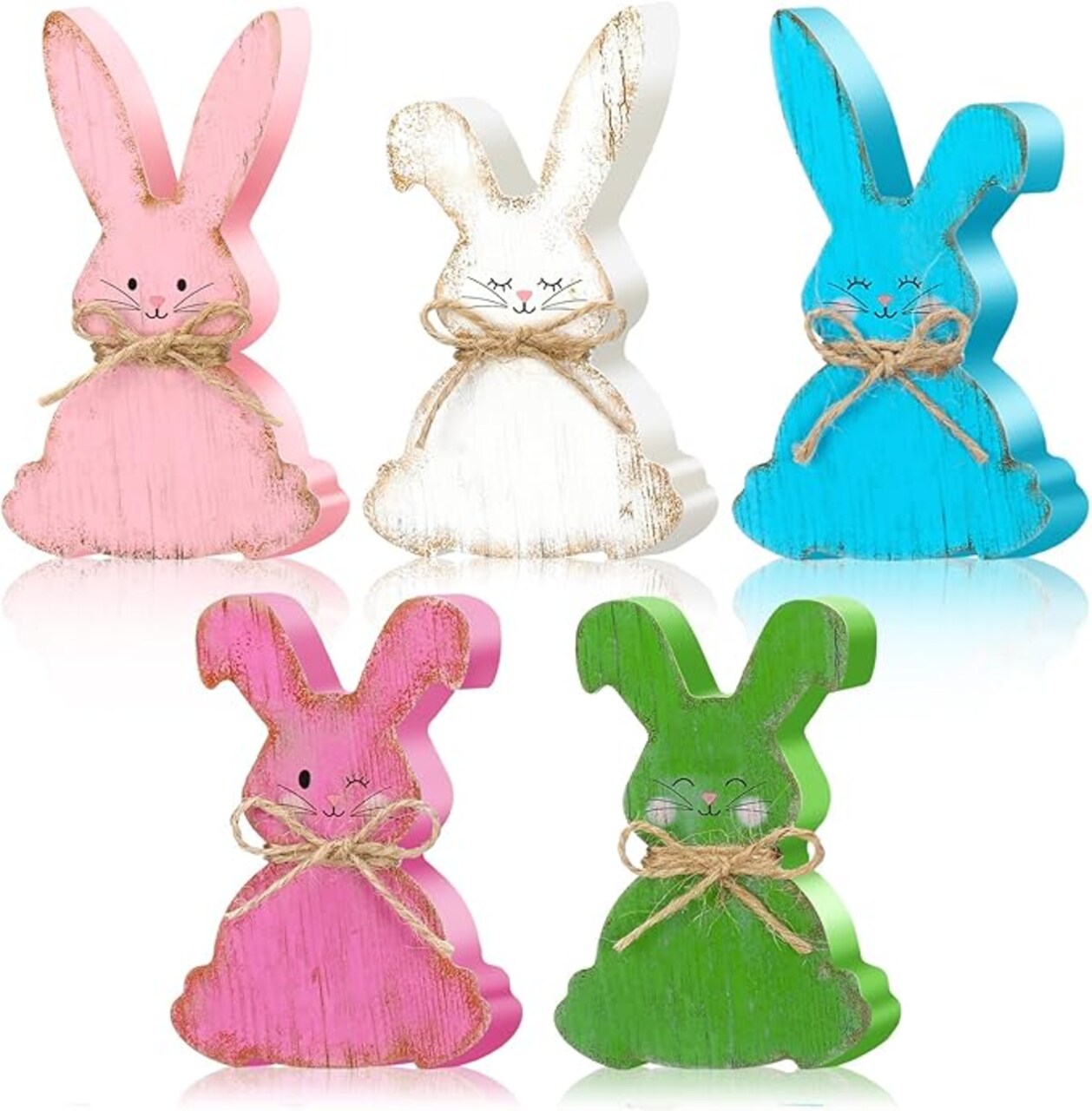 5 Pcs Easter Decorations Wooden Easter Bunny Signs Freestanding Bunny Table Decor Farmhouse Rabbit Shaped Wood Tabletop Centerpieces with Jute Rope Tiered Tray for Spring Home Office Desk